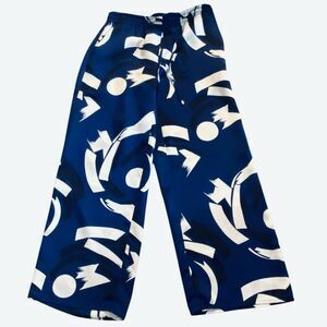 LRL Lauren Ralph Lauren Blue Cream Geometric Charmeuse Wide Leg Trouser Wm’s Sz